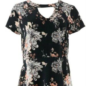 Isaac Mizrahi Floral Printed Knit Peplum Top Keyhole Black & Coral - MEDIUM NEW